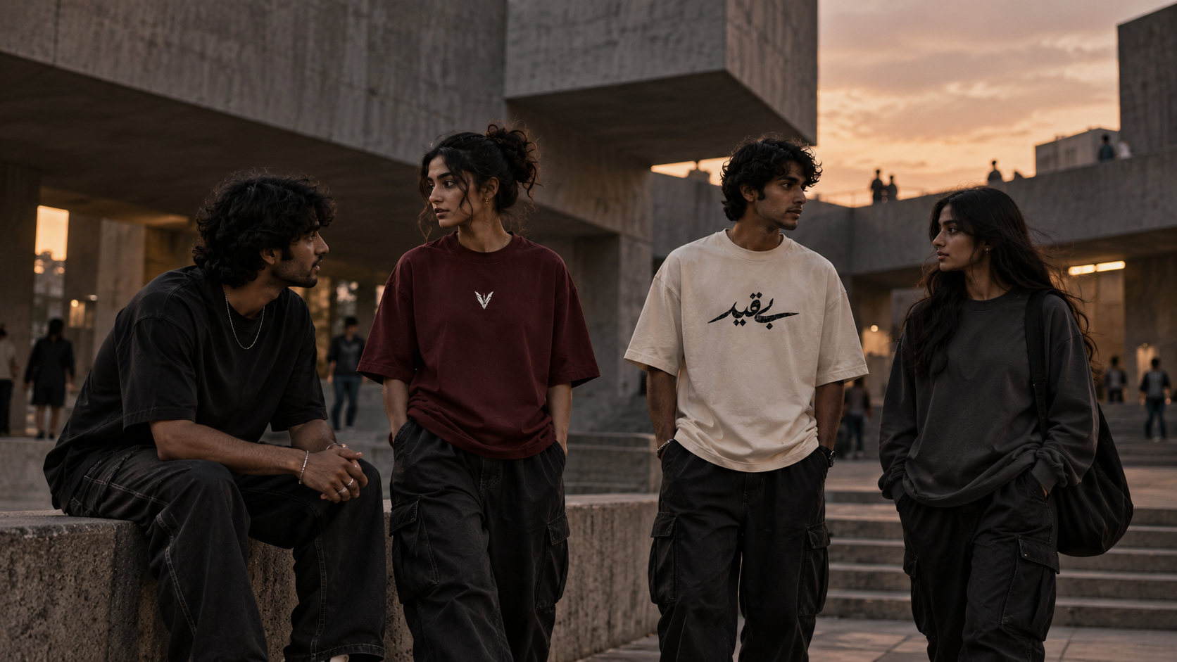 VEYRO World culture gathering in brutalist architecture at dusk.